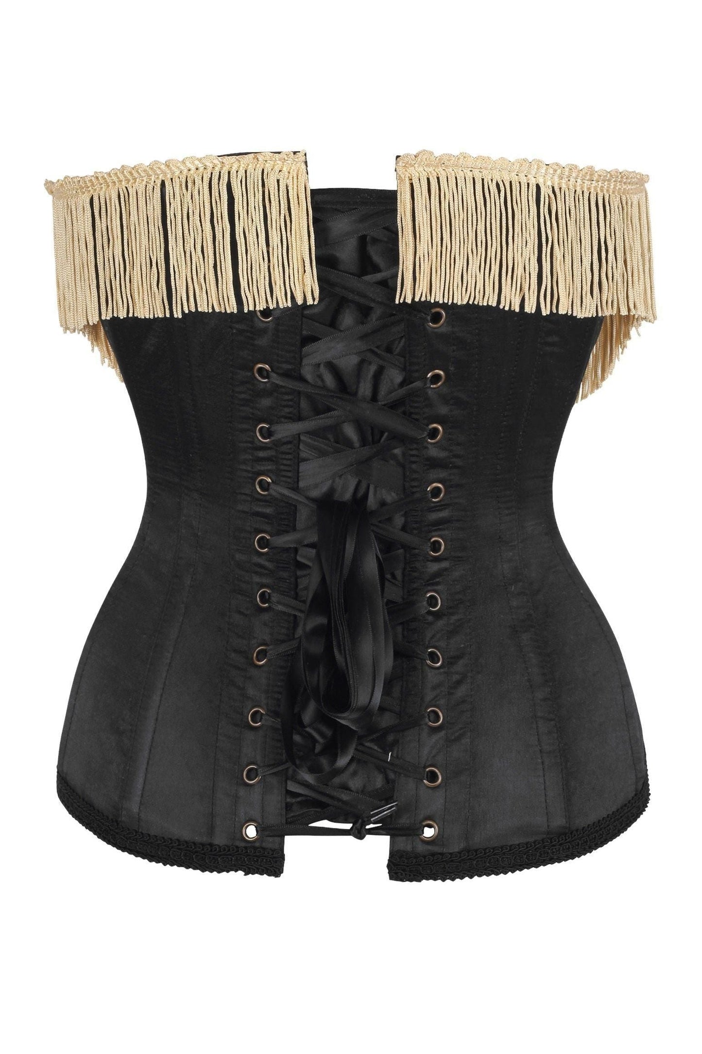 Top Drawer Burlesque Underbust Black/Dark Red Steel Boned Corset w/Gold Fringe - Daisy Corsets