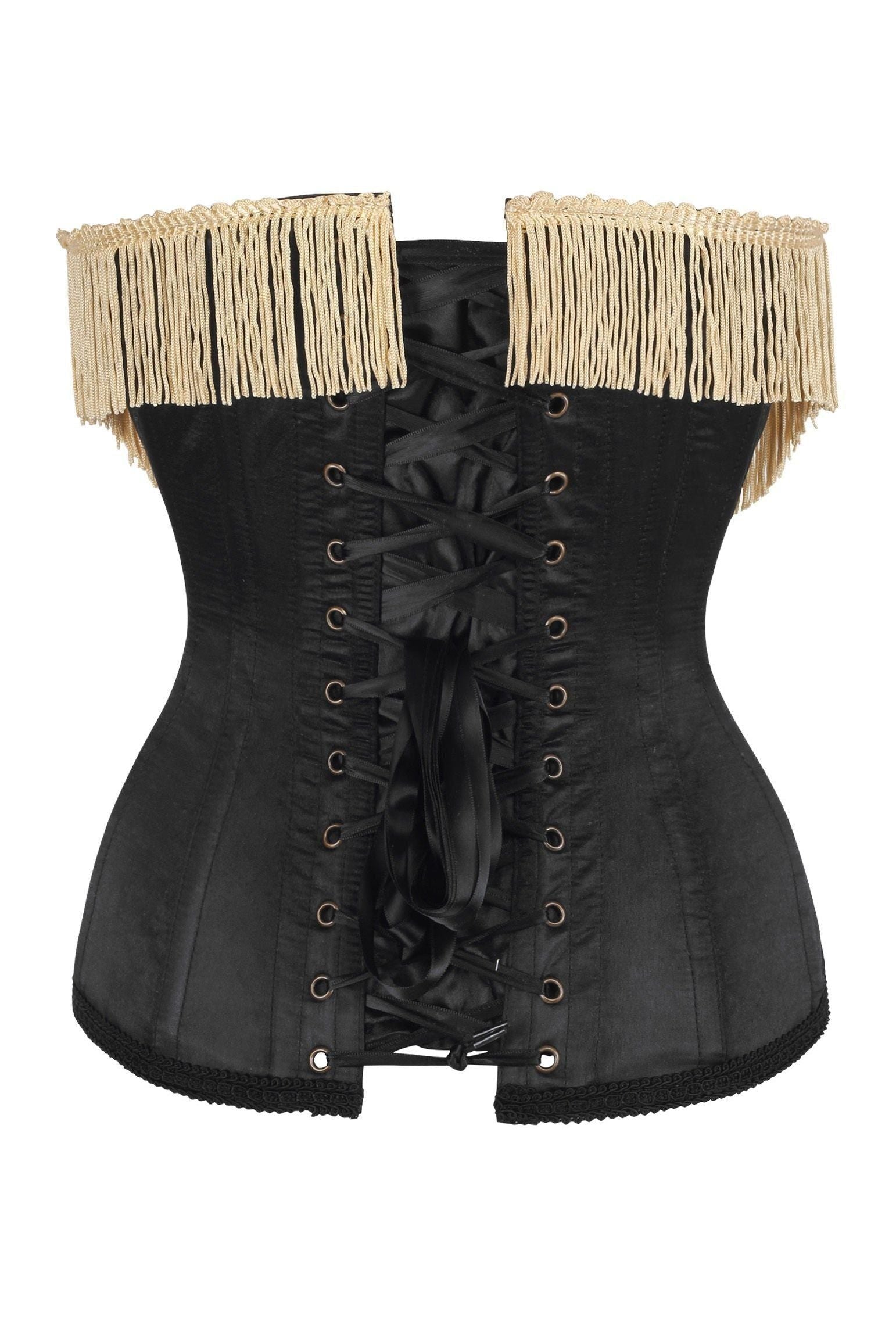 Top Drawer Burlesque Underbust Black/Dark Red Steel Boned Corset w/Gold Fringe - Daisy Corsets