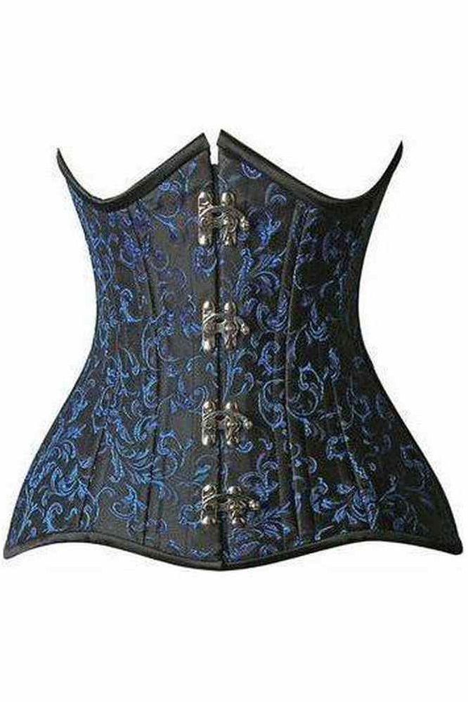Top Drawer CURVY Blue Brocade Double Steel Boned Under Bust Corset - Daisy Corsets