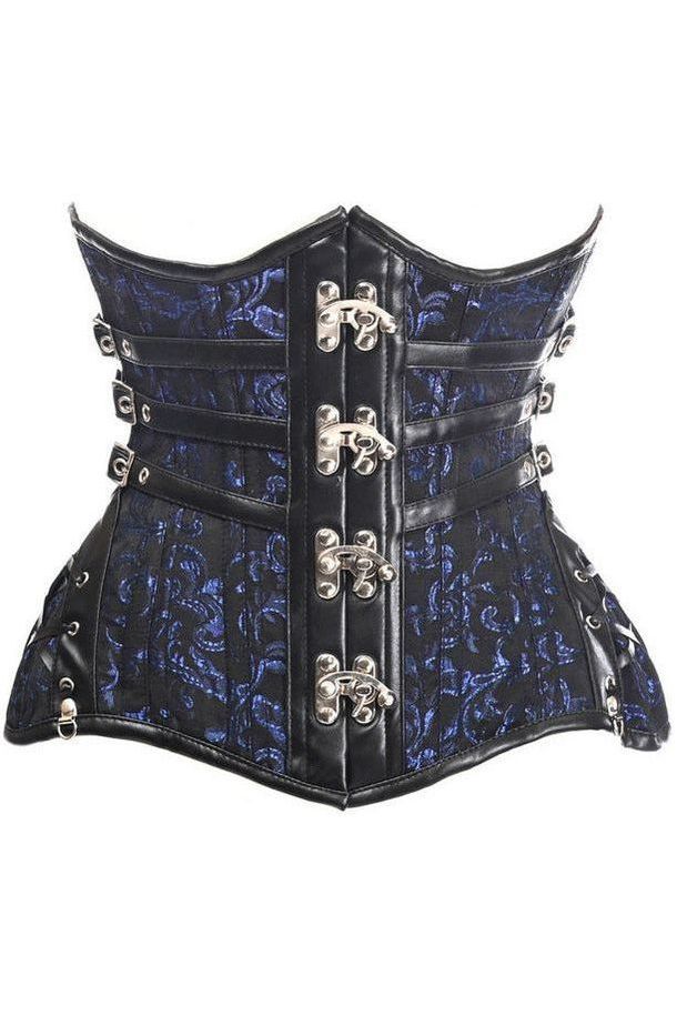 Top Drawer CURVY Steampunk Black/Blue Brocade Steel Double Boned Under Bust Corset - Daisy Corsets