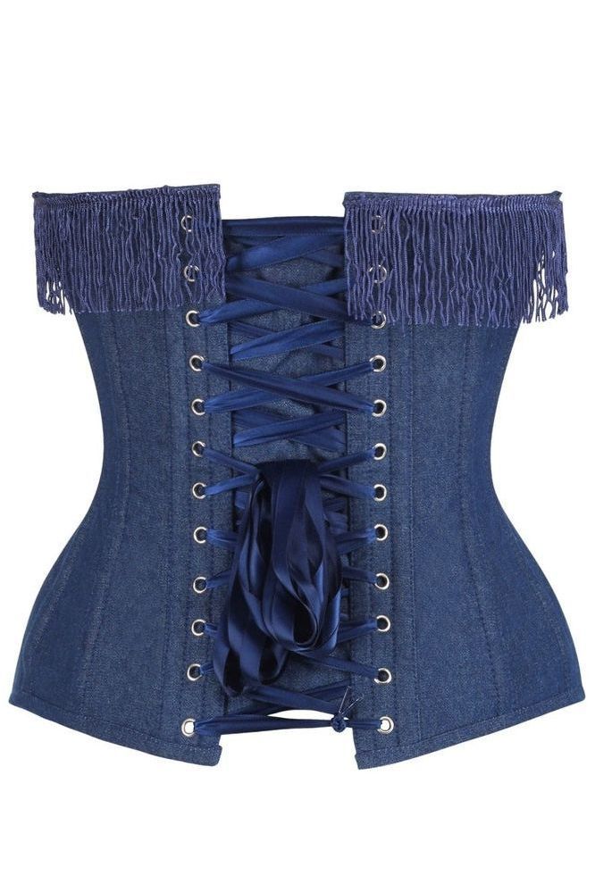 Top Drawer Dark Blue Denim Steel Boned Overbust Corset w/Fringe - Daisy Corsets