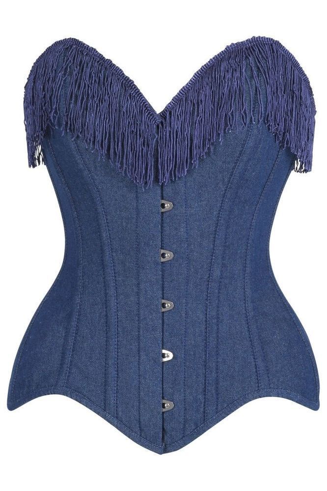 Top Drawer Dark Blue Denim Steel Boned Overbust Corset w/Fringe - Daisy Corsets