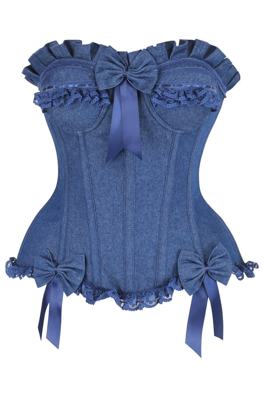 Top Drawer Dark Blue Denim Underwire Steel Boned Burlesque Corset w/Bows - Daisy Corsets