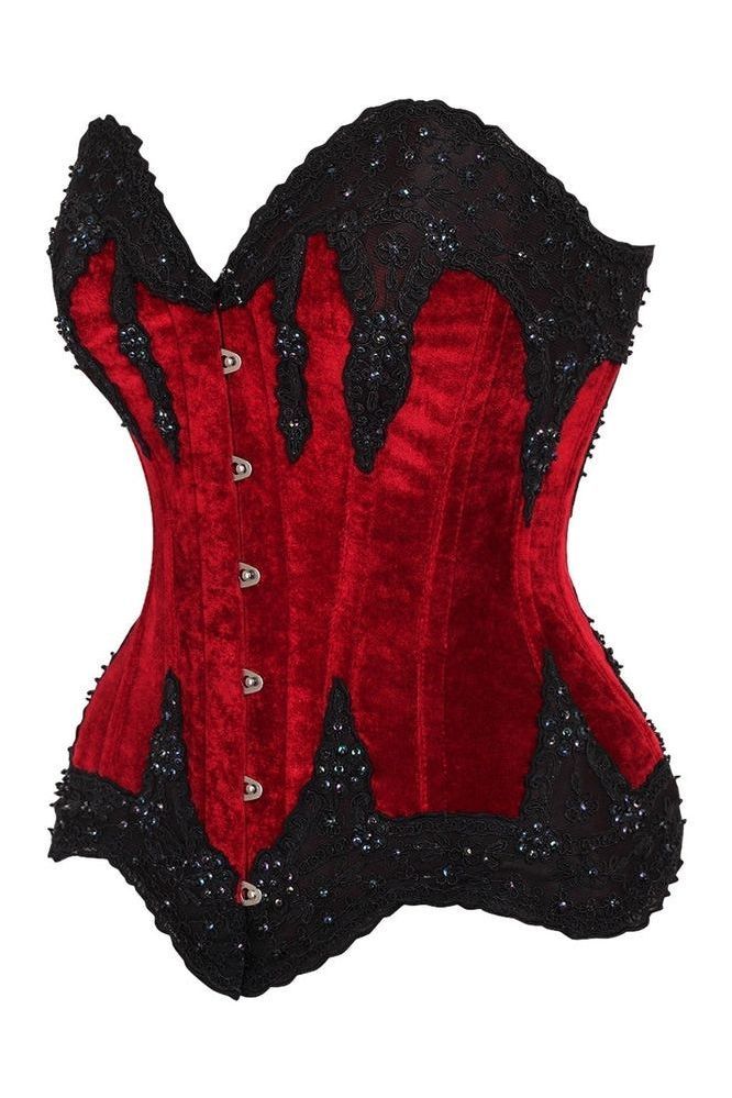 Top Drawer Dark Red Velvet & Beaded Steel Boned Overbust Corset - Daisy Corsets