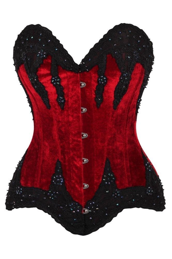 Top Drawer Dark Red Velvet & Beaded Steel Boned Overbust Corset - Daisy Corsets