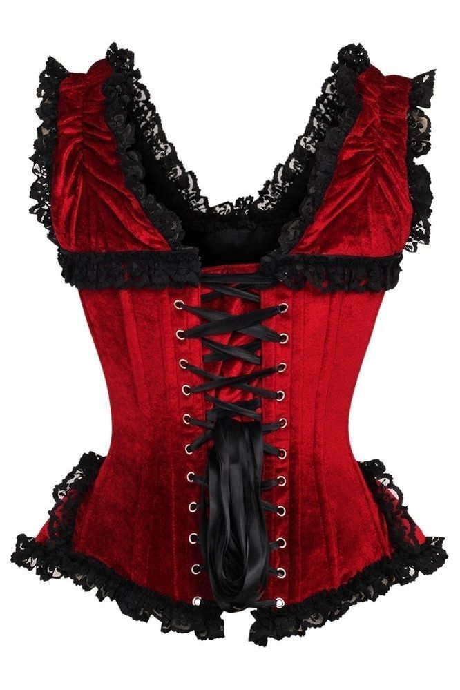 Top Drawer Dark Red Velvet & Lace Steel Boned Corset w/Cap Sleeves - Daisy Corsets
