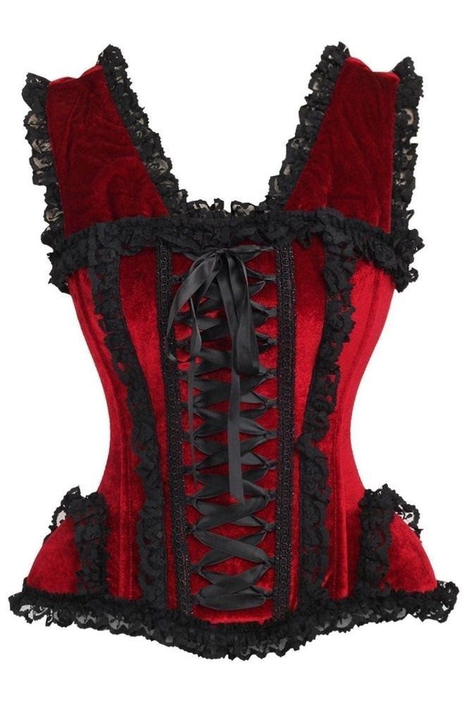 Top Drawer Dark Red Velvet & Lace Steel Boned Corset w/Cap Sleeves - Daisy Corsets