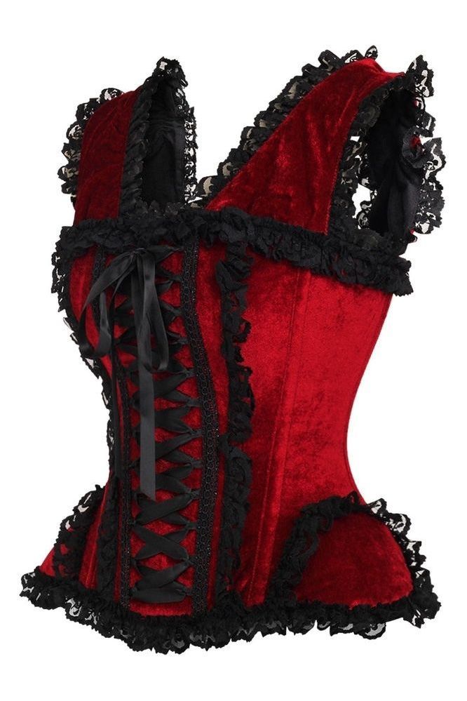 Top Drawer Dark Red Velvet & Lace Steel Boned Corset w/Cap Sleeves - Daisy Corsets