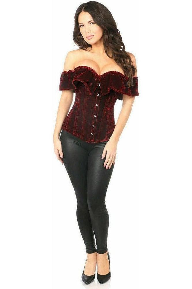 Top Drawer Dark Red Velvet Off - The - Shoulder Steel Boned Corset - Daisy Corsets