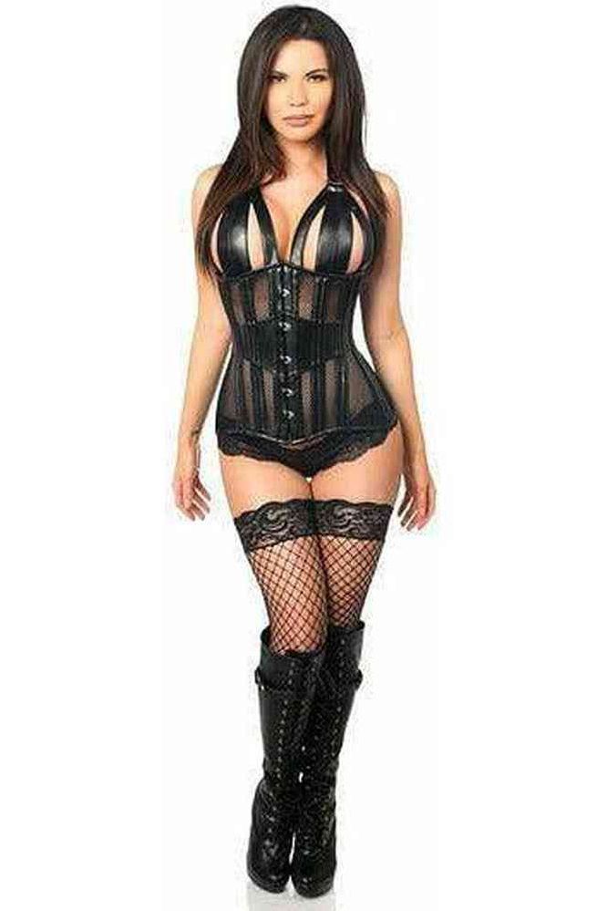 Top Drawer Faux Leather & Fishnet Steel Boned Halter Top Corset - Daisy Corsets