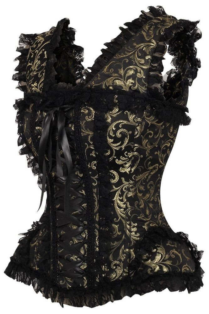 Top Drawer Gold/Black Swirl Brocade & Lace Steel Boned Corset w/Cap Sleeves - Daisy Corsets
