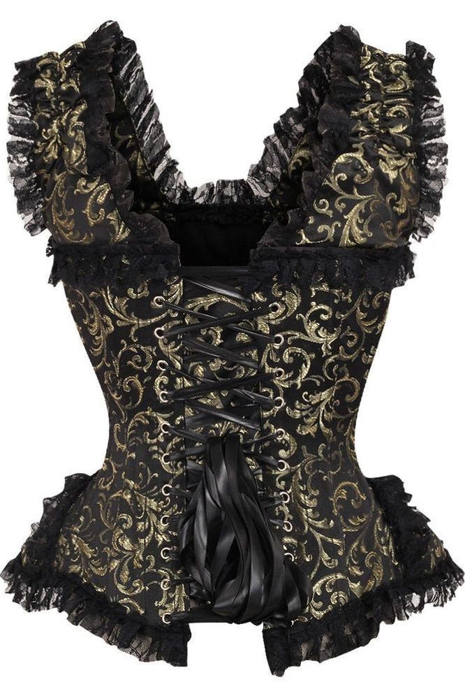 Top Drawer Gold/Black Swirl Brocade & Lace Steel Boned Corset w/Cap Sleeves - Daisy Corsets