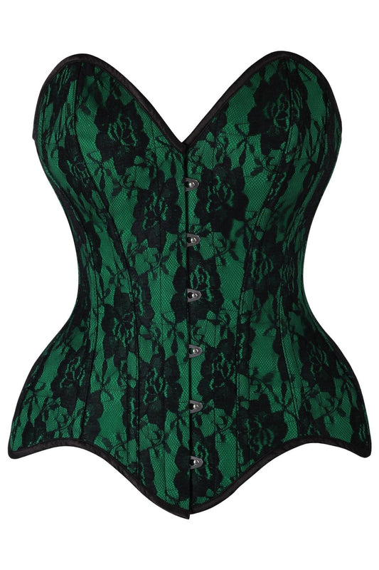 Top Drawer Green Satin w/Black Lace Overlay Steel Boned Overbust Corset - Daisy Corsets