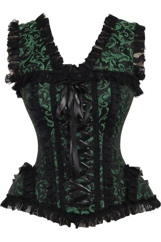 Top Drawer Green/Black Swirl Brocade & Lace Steel Boned Corset w/Cap Sleeves - Daisy Corsets