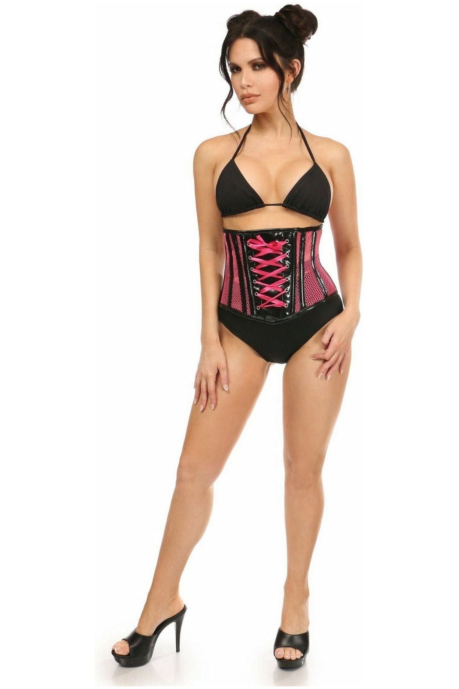 Top Drawer Neon Pink Patent & Fishnet Underbust Corset - Daisy Corsets