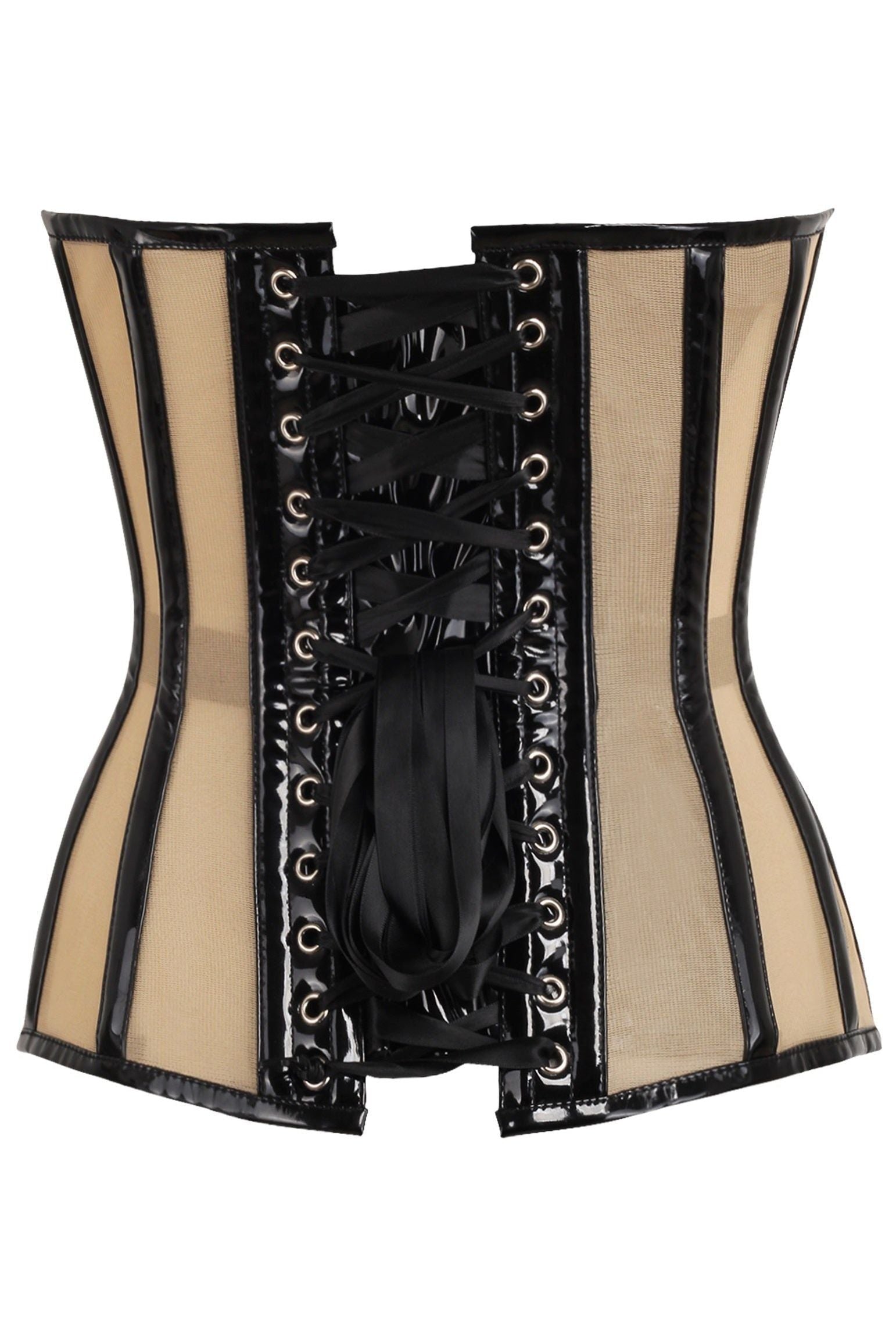 Top Drawer Nude Mesh & Black Patent Steel Boned Corset - Daisy Corsets