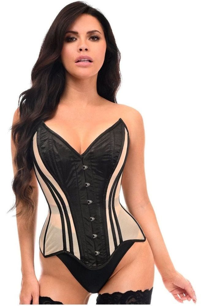 Top Drawer Nude Mesh & Black Satin Steel Boned Overbust Corset - Daisy Corsets