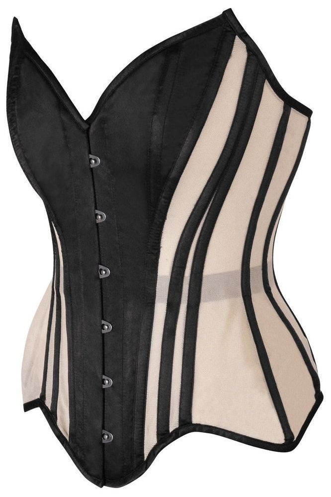Top Drawer Nude Mesh & Black Satin Steel Boned Overbust Corset - Daisy Corsets