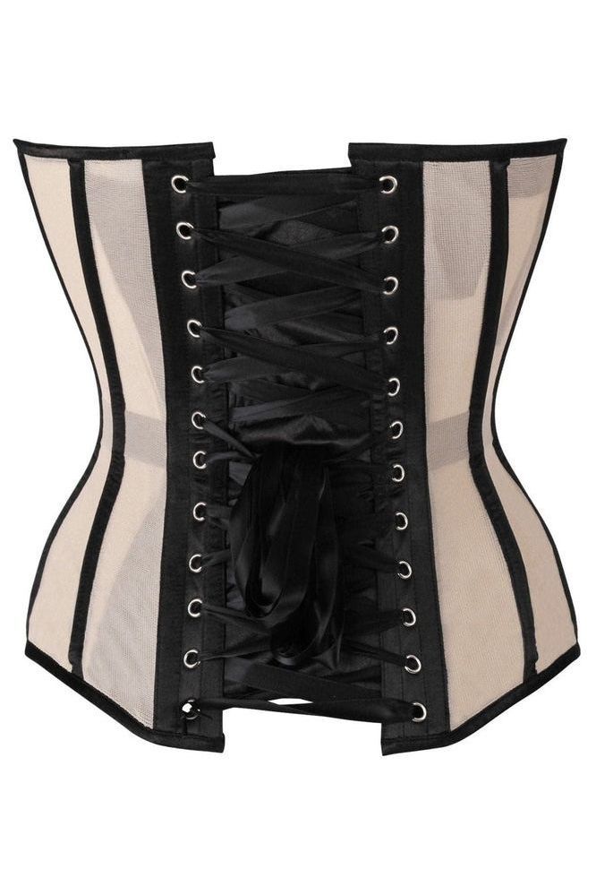 Top Drawer Nude Mesh & Black Satin Steel Boned Overbust Corset - Daisy Corsets