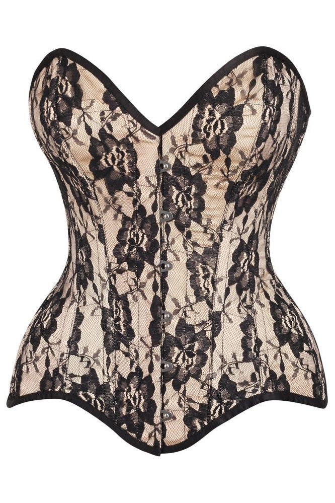 Top Drawer Nude Satin w/Black Lace Overlay Steel Boned Overbust Corset - Daisy Corsets