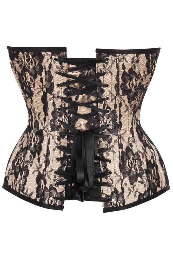 Top Drawer Nude Satin w/Black Lace Overlay Steel Boned Overbust Corset - Daisy Corsets