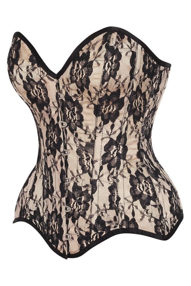 Top Drawer Nude Satin w/Black Lace Overlay Steel Boned Overbust Corset - Daisy Corsets