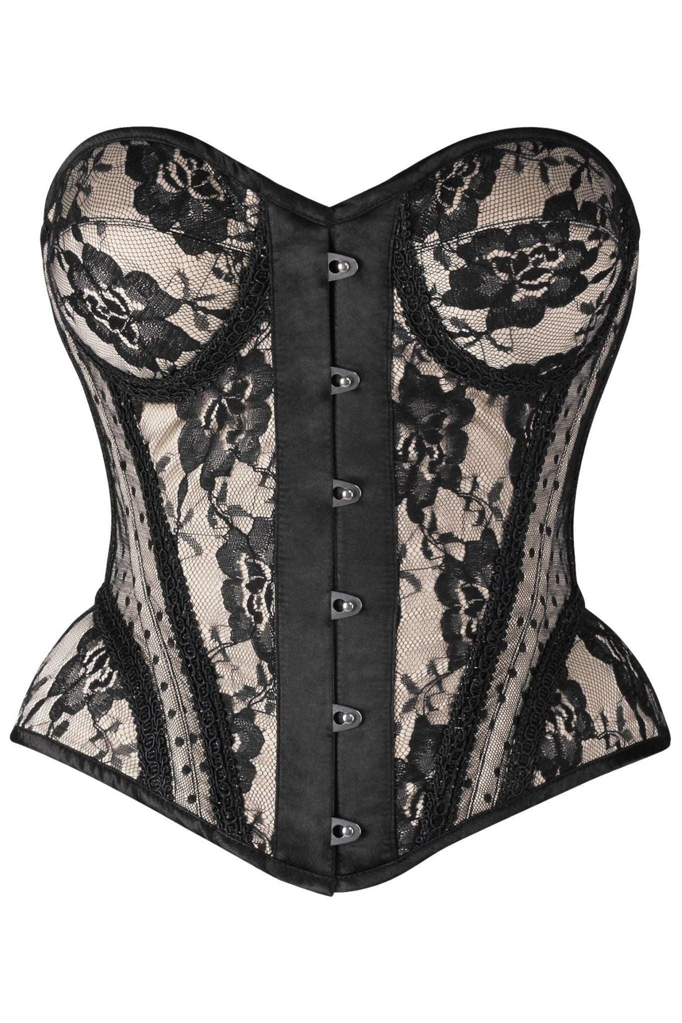 Top Drawer Nude w/Black Lace Steel Boned Underwire Bustier Corset - Daisy Corsets
