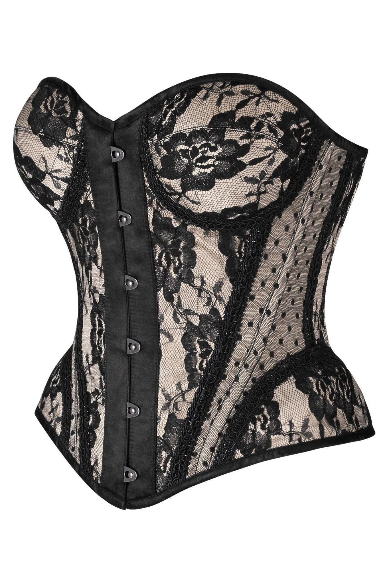 Top Drawer Nude w/Black Lace Steel Boned Underwire Bustier Corset - Daisy Corsets