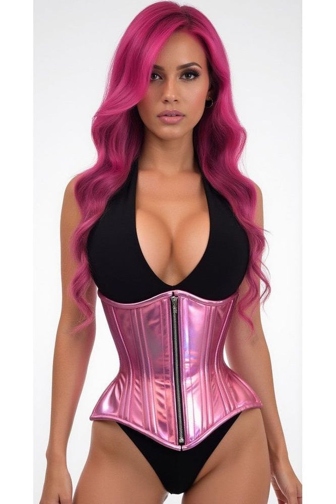 Top Drawer Pink Holo Double Steel Boned Underbust Waist Cincher Corset - Daisy Corsets