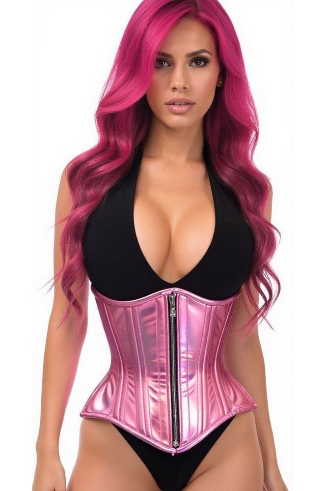 Top Drawer Pink Holo Double Steel Boned Underbust Waist Cincher Corset - Daisy Corsets