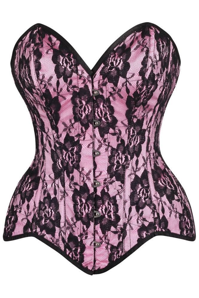 Top Drawer Pink Satin w/Black Lace Overlay Steel Boned Overbust Corset - Daisy Corsets