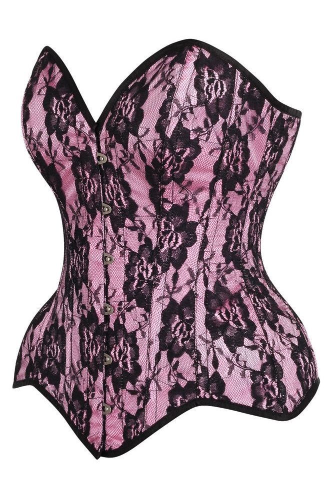 Top Drawer Pink Satin w/Black Lace Overlay Steel Boned Overbust Corset - Daisy Corsets