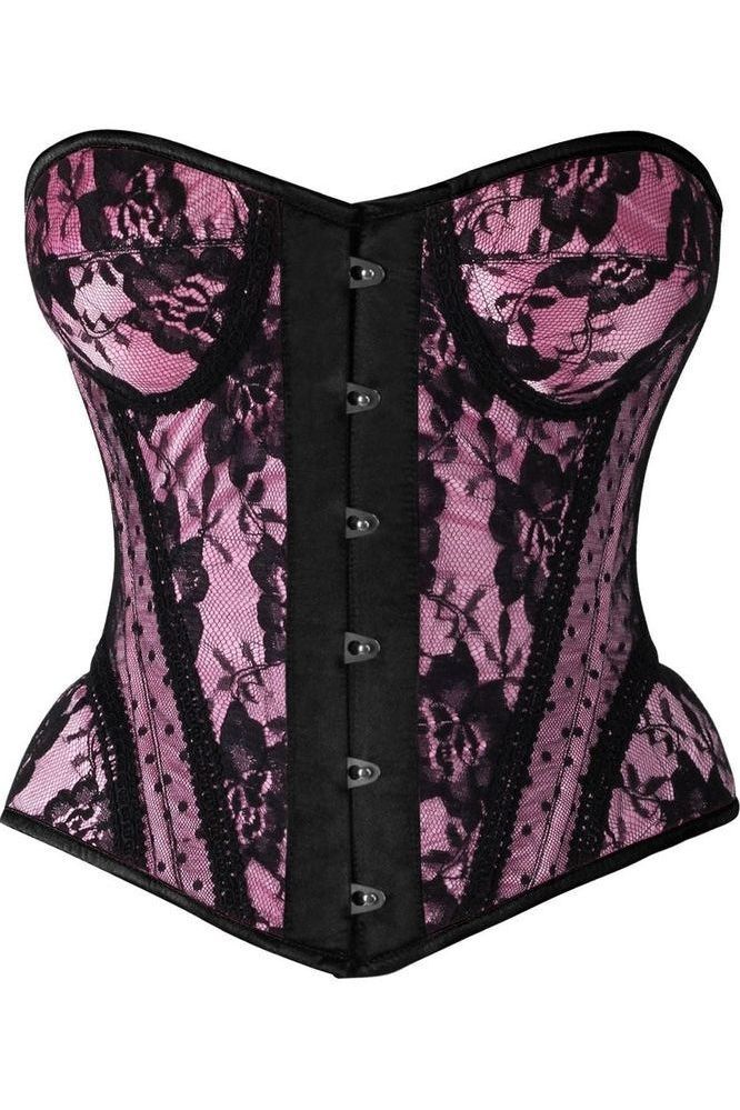Top Drawer Pink w/Black Lace Steel Boned Underwire Bustier Corset - Daisy Corsets