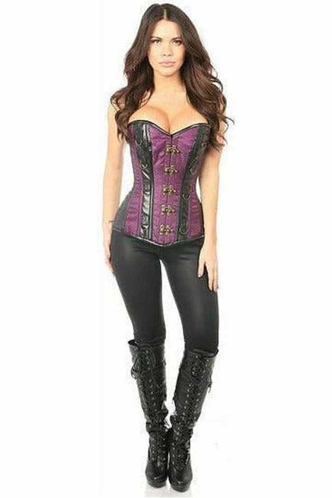 Top Drawer Plum Brocade & Faux Leather Steel Boned Corset - Daisy Corsets