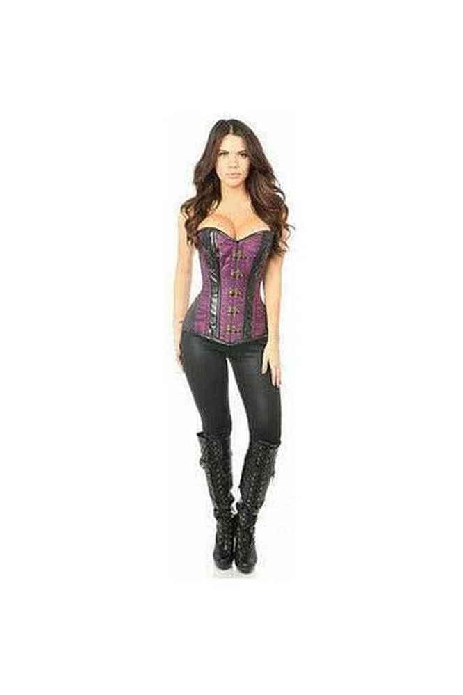 Top Drawer Plum Brocade & Faux Leather Steel Boned Corset - Daisy Corsets