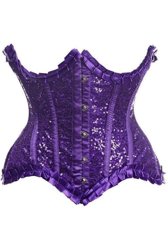 Top Drawer Purple Satin & Sequin Underwire Curvy Cut Steel Boned Waist Cincher Corset - Daisy Corsets