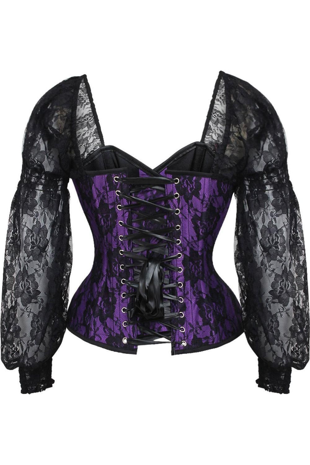 Top Drawer Purple w/Black Lace Steel Boned Long Sleeve Corset - Daisy Corsets