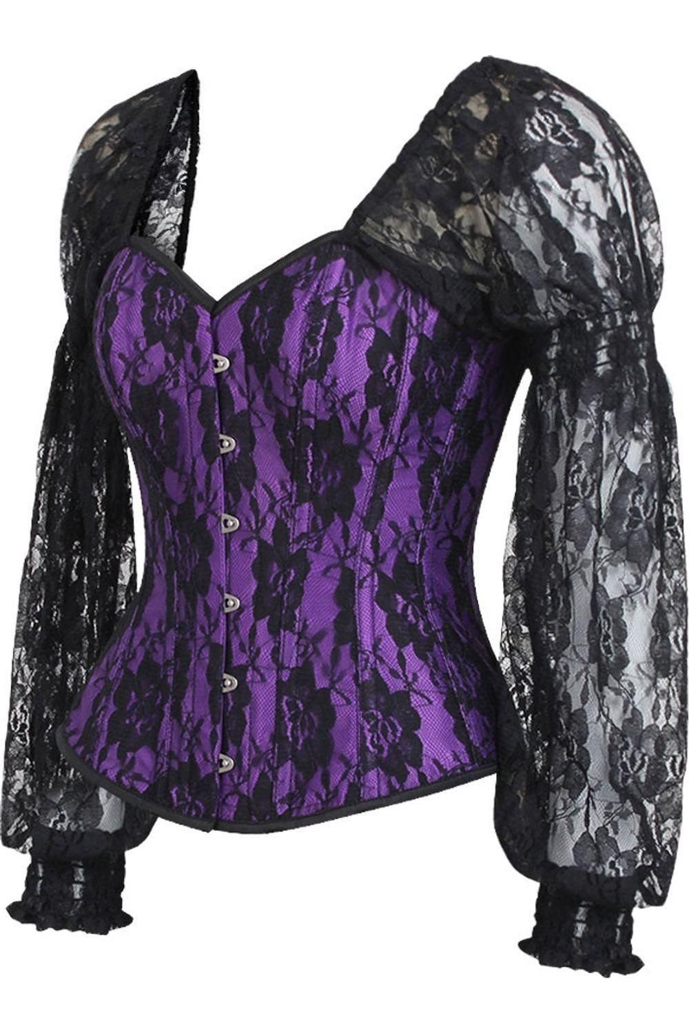 Top Drawer Purple w/Black Lace Steel Boned Long Sleeve Corset - Daisy Corsets
