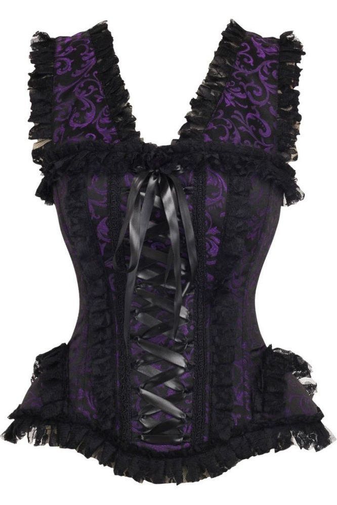 Top Drawer Purple/Black Swirl Brocade & Lace Steel Boned Corset w/Cap Sleeves - Daisy Corsets