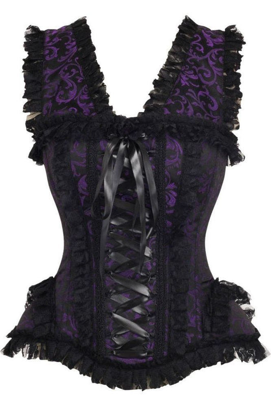 Top Drawer Purple/Black Swirl Brocade & Lace Steel Boned Corset w/Cap Sleeves - Daisy Corsets