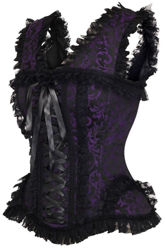 Top Drawer Purple/Black Swirl Brocade & Lace Steel Boned Corset w/Cap Sleeves - Daisy Corsets