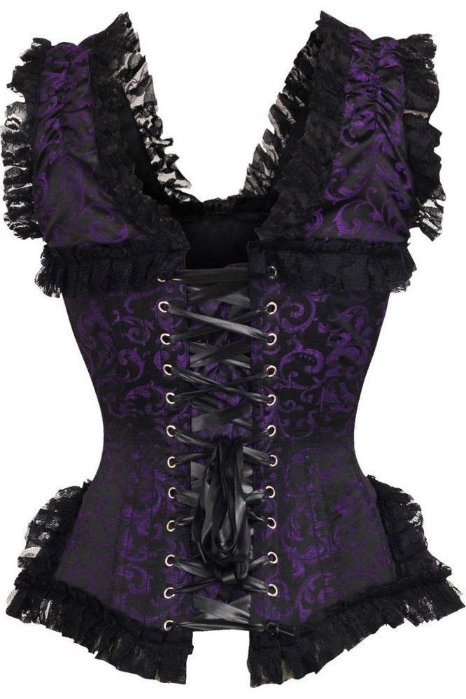 Top Drawer Purple/Black Swirl Brocade & Lace Steel Boned Corset w/Cap Sleeves - Daisy Corsets