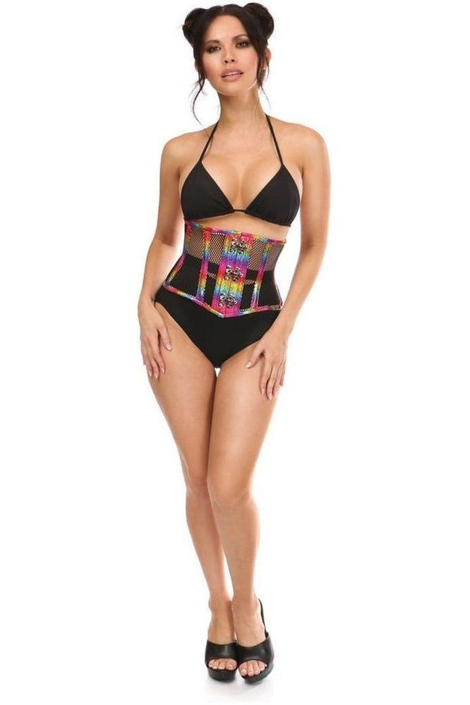 Top Drawer Rainbow Glitter PVC Steel Boned Mini Cincher w/Clasps - Daisy Corsets