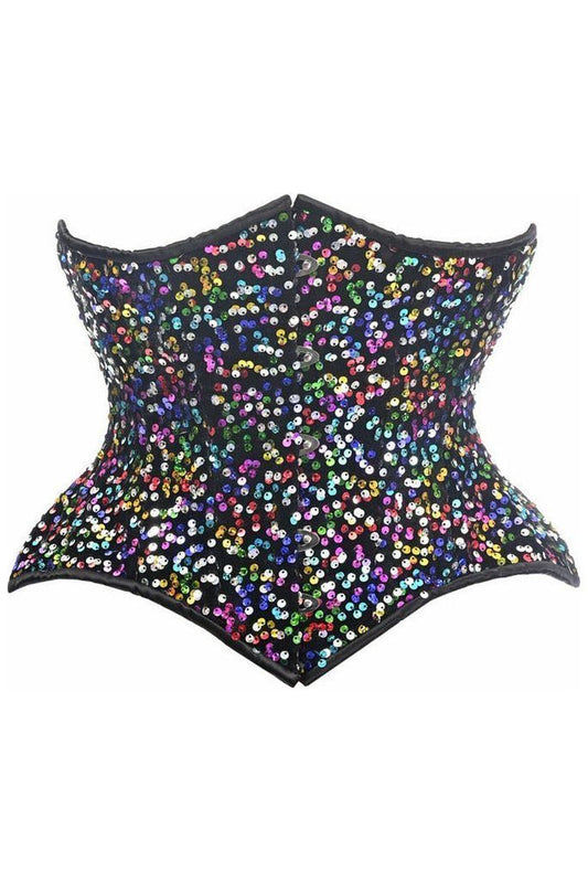Top Drawer Rainbow Sequin Steel Boned Curvy Cut Waist Cincher Corset - Daisy Corsets