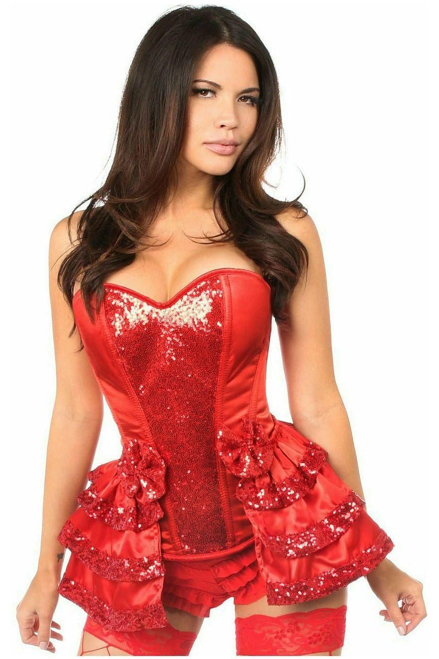 Top Drawer Red Satin & Sequin Steel Boned Corset w/Removable Snap Skirt - Daisy Corsets