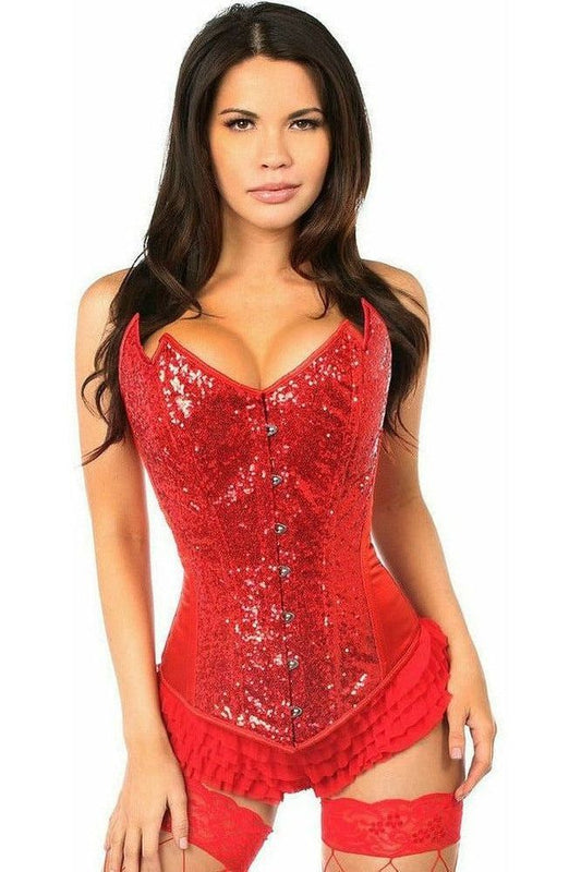 Top Drawer Red Sequin Pointed Top Steel Boned Corset - Daisy Corsets