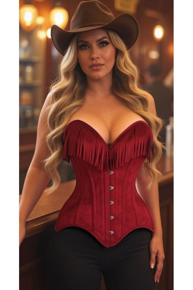 Top Drawer Red Suede Steel Boned Overbust Corset w/Fringe - Daisy Corsets