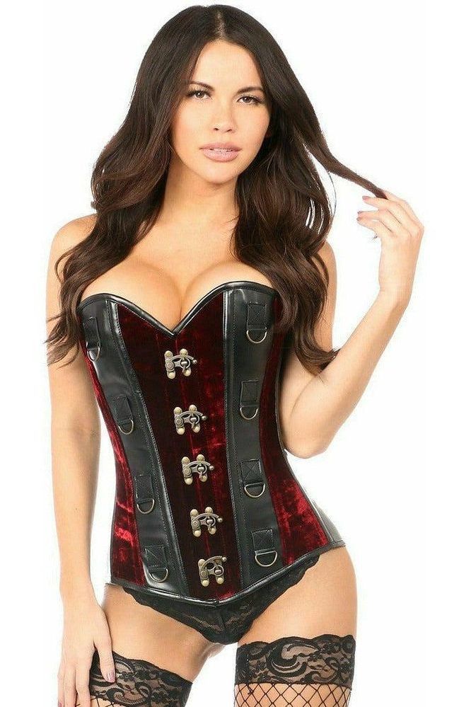 Top Drawer Red Velvet & Faux Leather Steel Boned Corset - Daisy Corsets