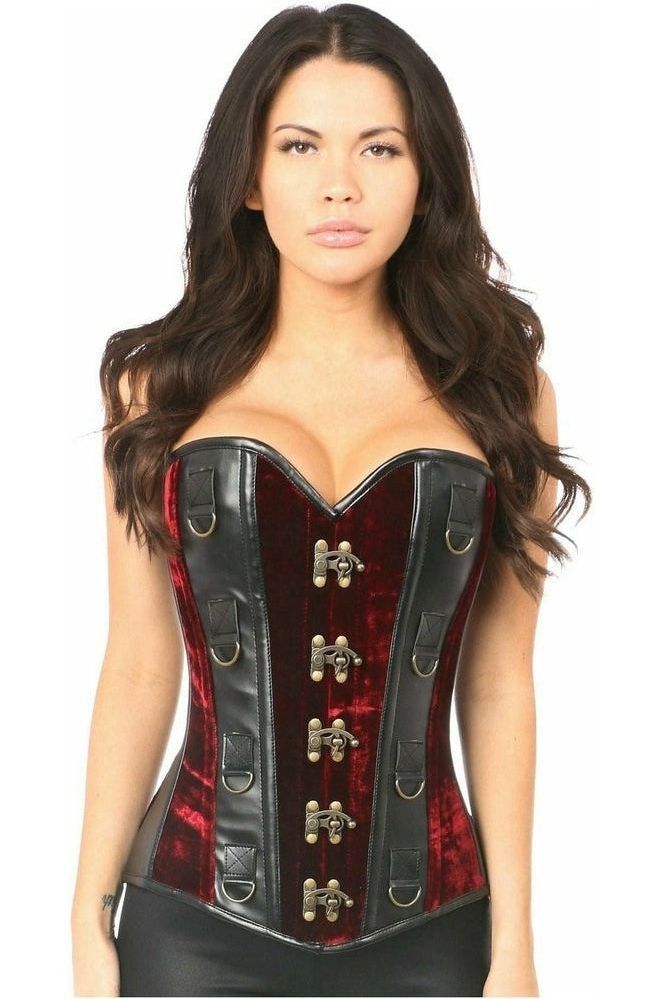 Top Drawer Red Velvet & Faux Leather Steel Boned Corset - Daisy Corsets