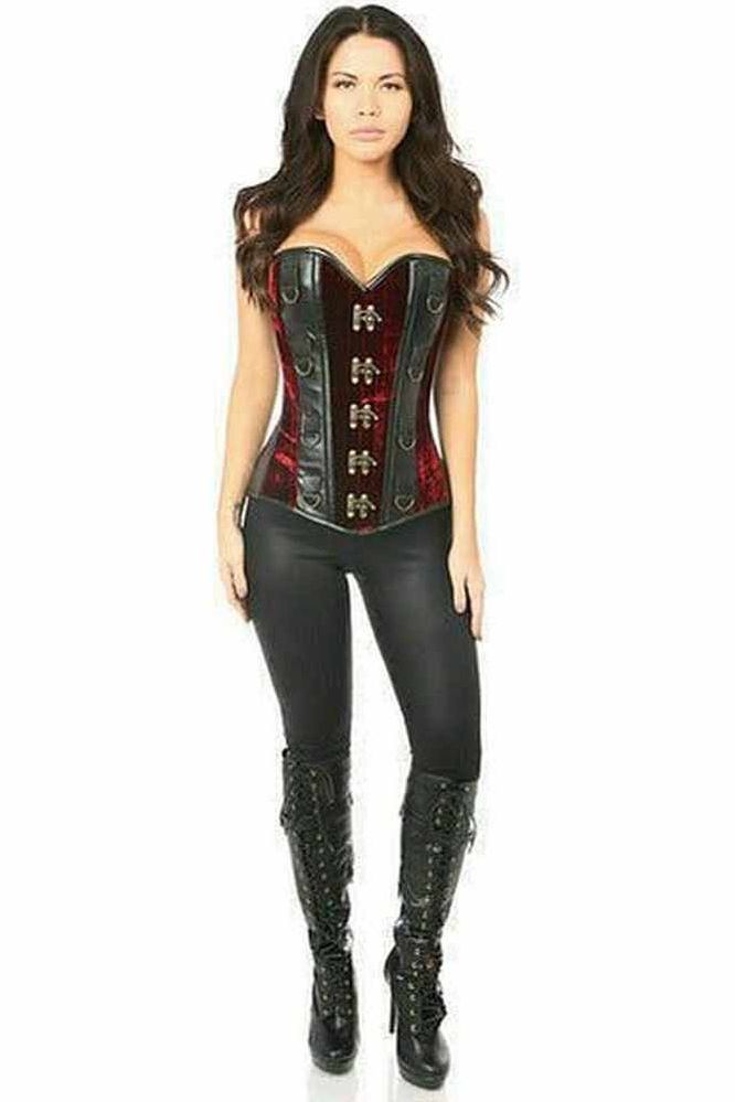 Top Drawer Red Velvet & Faux Leather Steel Boned Corset - Daisy Corsets